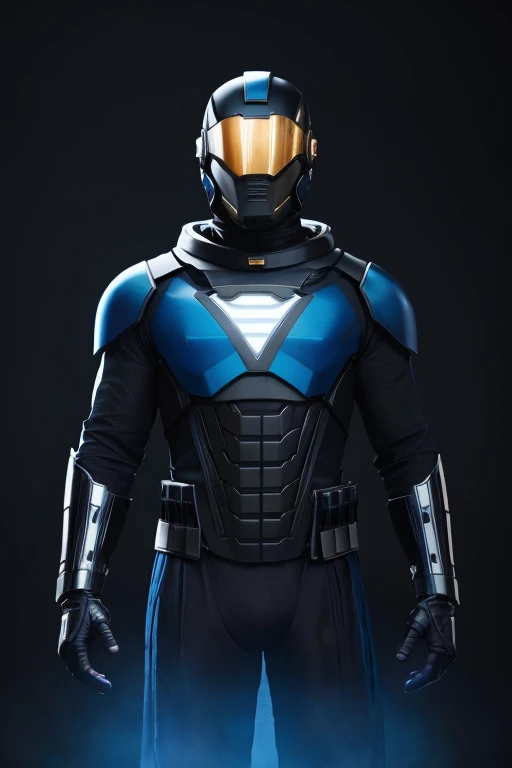 highres:1.2), ultra-detailed, realistic, superhero man, godly metal blue armor with bits of black, black cape, black gloves, black stripes on both sides of arms with blue, no logo on armor, wears a fully black astronaut helmet with golden visor, superhero base, cinematic lighting, dramatic shadows, volumetric lighting, epic fantasy, hyper detailed, majestic, awe-inspiring, heroic, powerful pose