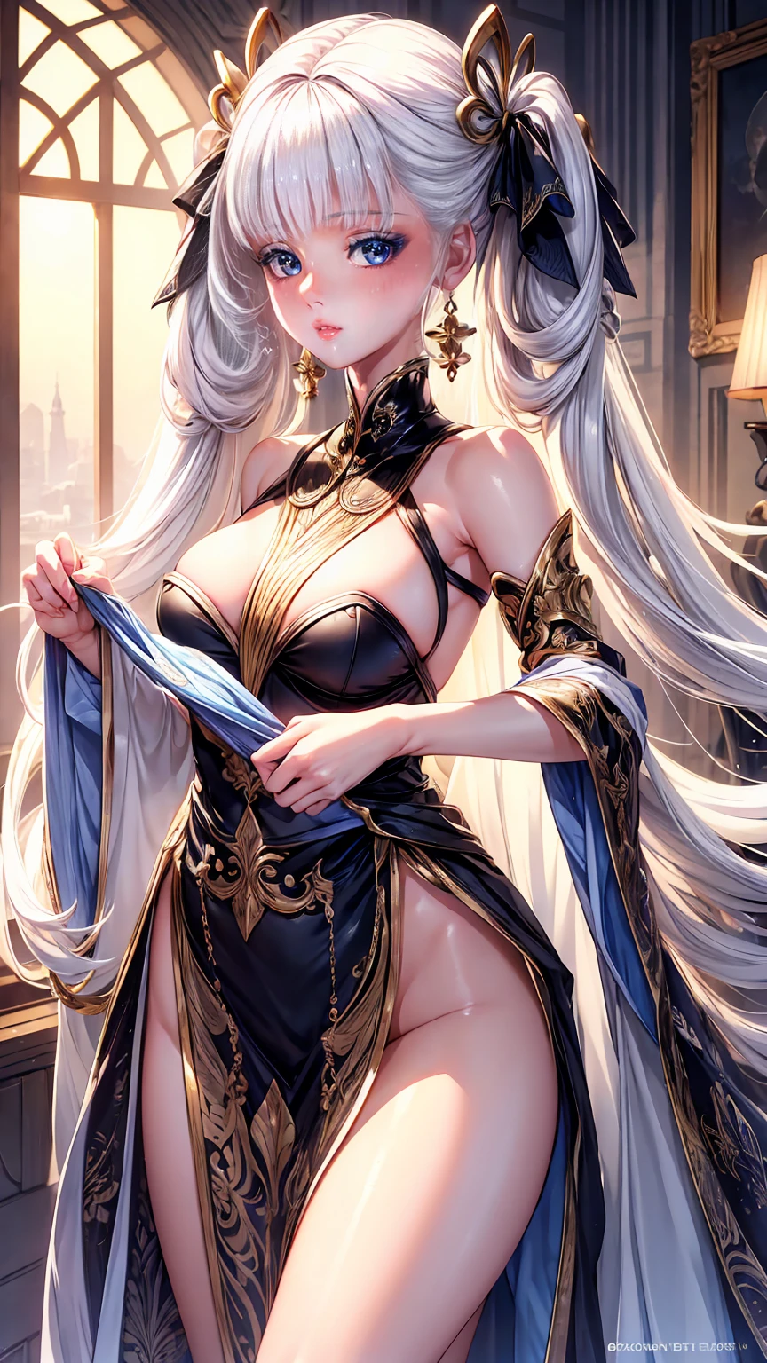 16K, Ultra High Definition, Super detailed, Shiny detailed hair, detailed face, fantasy landscape, solo, looking at viewer, {{best quality}}, {{masterpiece}}, {{ultra-detailed}}, {detailed light}, ultra high quality eyes, detailed eyes, perfect eyes, large eyes, detailed white eyes, beautiful lips, white hair, long hair, twintail, hair ornament, earrings, beautiful, skinny body, white skin, slutty, erotic, suggestive, ((nsfw))