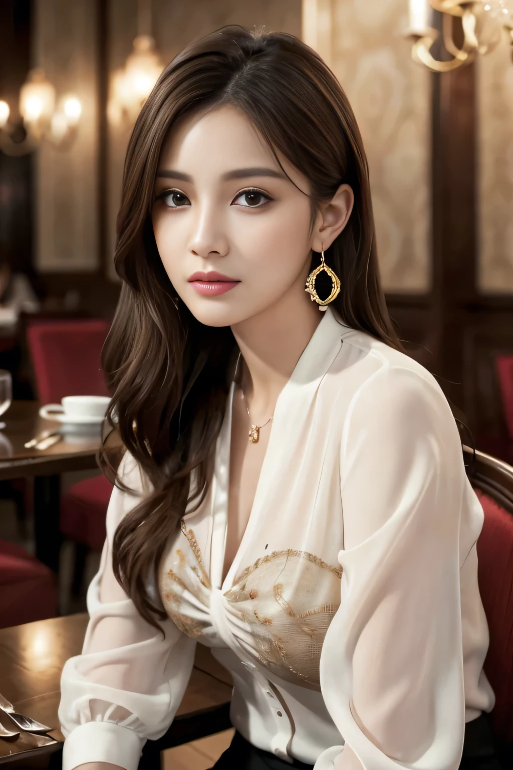 masterpiece, highest quality, Realistic, Very detailed, Finer details, High resolution, 8k wallpaper, One beautiful woman, Wear an elegant see-through blouse, In a great restaurant, At night, Light brown messy hair, Perfect dynamic composition, Beautiful and beautiful eyes、Big earrings、Sitting in a chair、