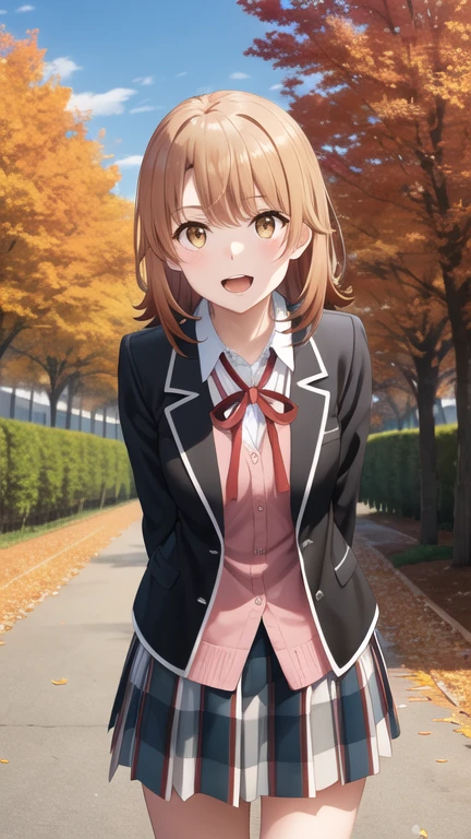 masterpiece, best quality, highres, aairoha, medium hair, , neck ribbon, collared shirt, blazer, black jacket, open jacket, long sleeves, plaid skirt, standing, cowboy shot, leaning forward, arms behind back, smile, open mouth, outdoors, autumn,