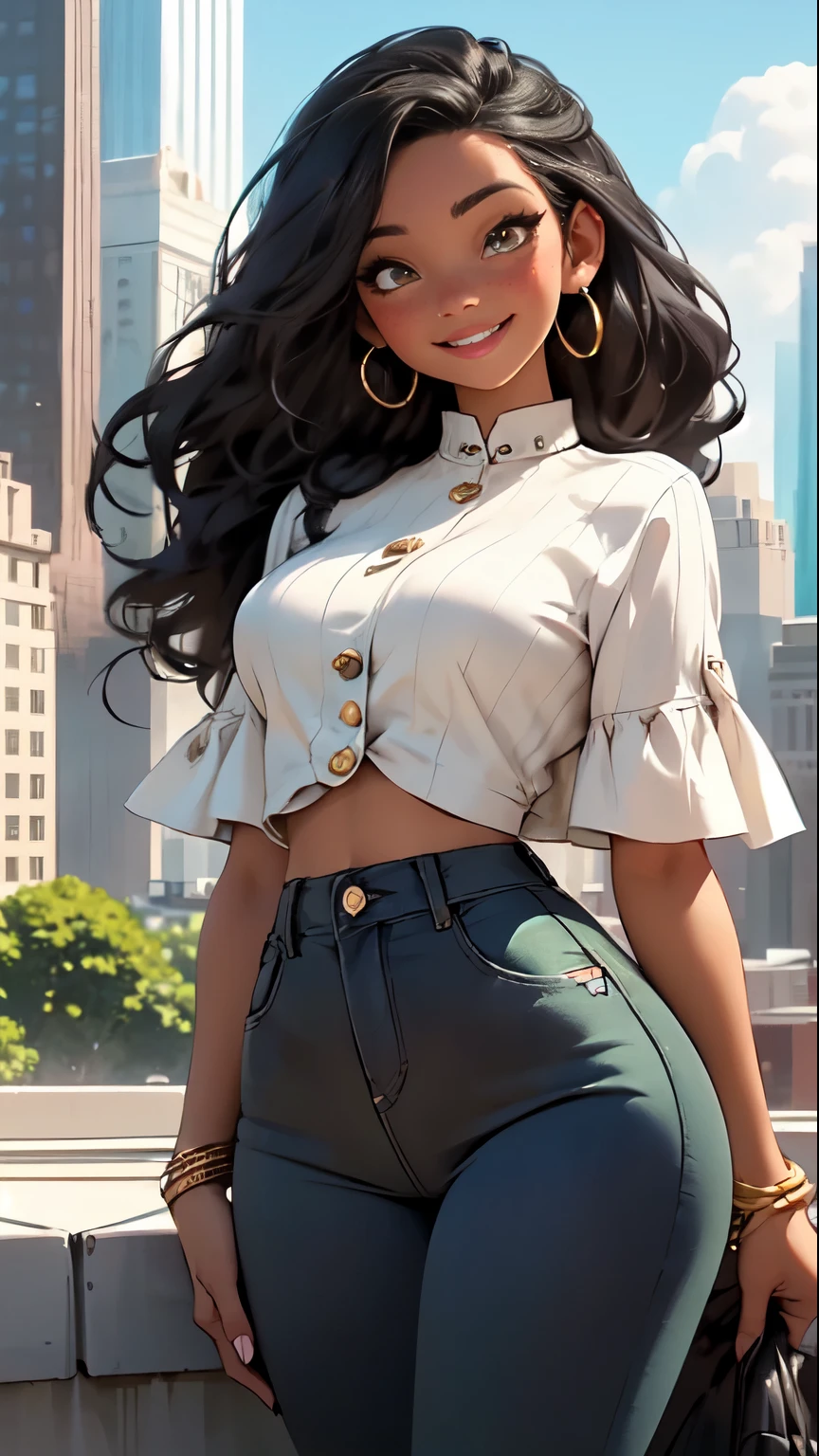 Girl with black skin, braided brown hair, Box braids, green eyes, smiling, super tight jeans big hips, hands down, black bra, white blouse, big circle gold earrings, freckles, big lips, on a rooftop, nyc skyline in the background, blue skies big clouds