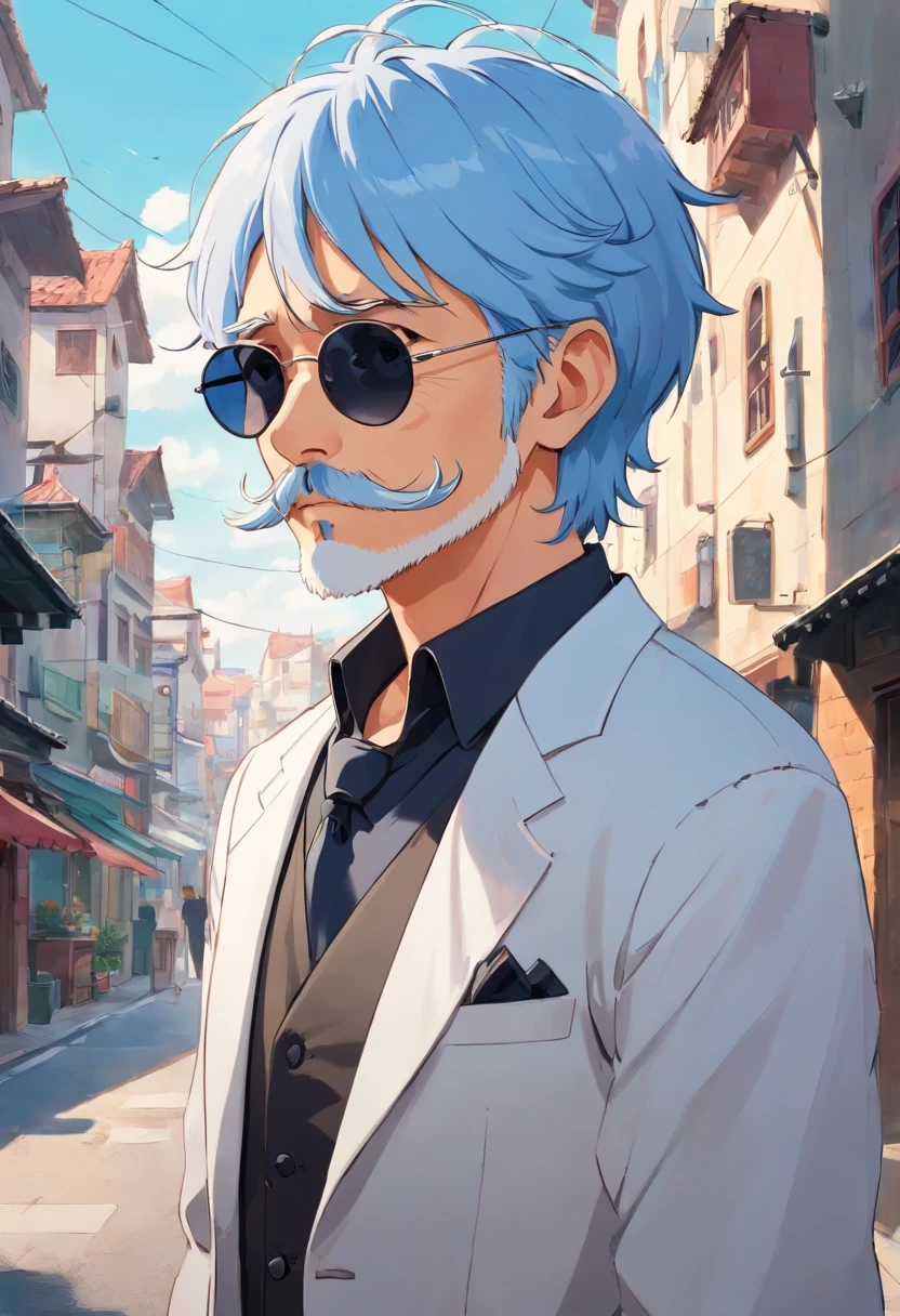 A high dynamic range portrait of a man with blue hair, silver hair, and a mustache, wearing a necklace, black sunglasses, and a black hat. He is also wearing a white t-shirt and a black suit, standing in a wind illustration with a cartoon art style and digital illustration style. The portrait has highly detailed character design, beautiful digital illustrations, and a high quality, cartoon art look.