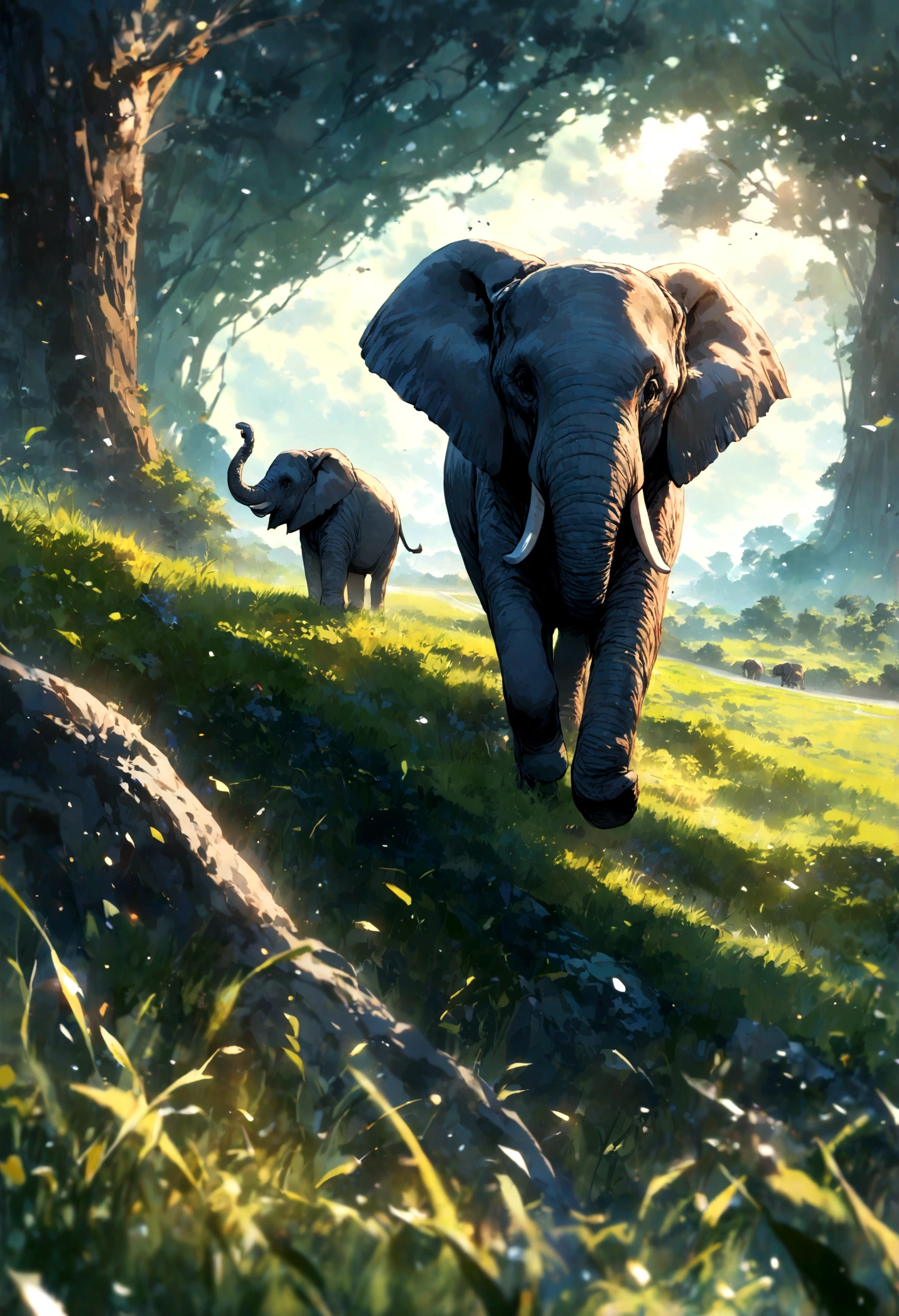 An elephant and a speeding car walk side by side across the endless grassland