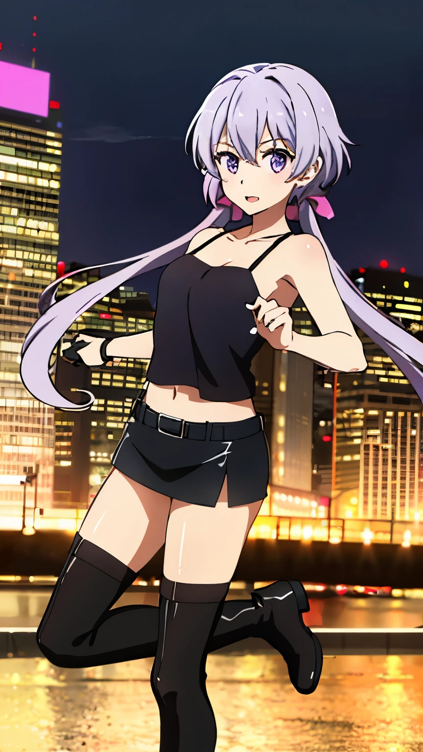 (highest quality, 8k, High resolution, masterpiece:1.2), Anime art style, Yukinekris, 1 girl, Perfect Face, Perfect Eyes, Soft look, Large midchest, Silver Hair, Low Twintails, Pink Hair、ribbon、Purple Eyes, Thin twin tails, Long Hair, alone, (Black leather camisole, leather mini skirt, black boots, beautiful shoes, city), dynamic poses, dynamic angles,  Viewer ratings