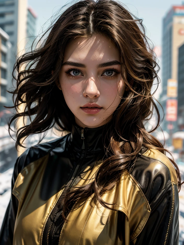 Photo of 25 year old European girl, RAW, beautiful woman, (brown hair with extra long wavy), ((portrait)), (Detailed face: 1.2)), (Detailed facial features)), (Fine skin), tan skin, high detail, body suit, slim body, megacity environment, (cold color), wet reflection, (masterpiece) ( Perfect proportions) (realistic photos) (highest quality) (detail) shot with Canon EOS R5, 50mm lens, f/2.8, HDR, (8k) (wallpaper) (movie lighting) (dramatic lighting) (sharp focus) (complex) fashion