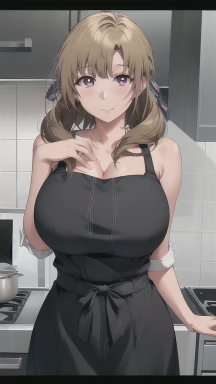 1 Girl, Mako Daiki in Anime Okaasan Online, Very large breasts,(((Full breasts,)))(((Large Breasts))) (((Cleavage))), Standing in the kitchen wearing a black dress，Green eyes,