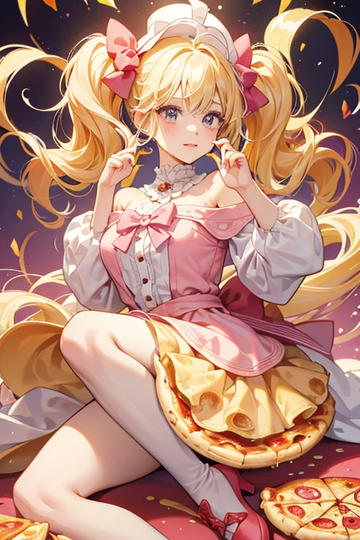 Pizalinatchi has yellow skin, blue oval-shaped eyes with two small eyelashes each, and pink cheeks. She has messy blonde pigtails resembling melted cheese, with some drops of cheese falling off and forming heart and circle shapes. On her feet, she wears two red shoes with silver pizza cutters that act as wheels. She wears a large bow on top of her head that resembles two pizza slices, and a dress that also resembles a pizza slice. SPARKLE; GLITTER