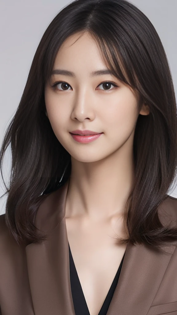 1 female,18-year-old,(numerical portrait:Mayu Yokota, Yuko Araki),black eye,beautiful face,(thin skeletal surface+delicate features、),Very detailed face,(delicate Japanese makeup), black eyelash curls for long hair,(messy and layered, by bangs), smile,Please look into the camera,fair and smooth skin,(optimal skin type:1.21),(clavicle:1.2),slim fit suits for women,V neck white short shirt,(deep v neck,big breasts),short hip wrap skirt,(realistic close-up photo of woman),thin waist、long legs,(slim body shape),street,((Hasselblad Photos)),surreal pictures, Physically based rendering,professional lighting,exquisite details,detailed face,the picture is pure,perfect hands,perfect posture,ultra fine makeup,ultra-fine clothing material、live action、smile and stand up straight