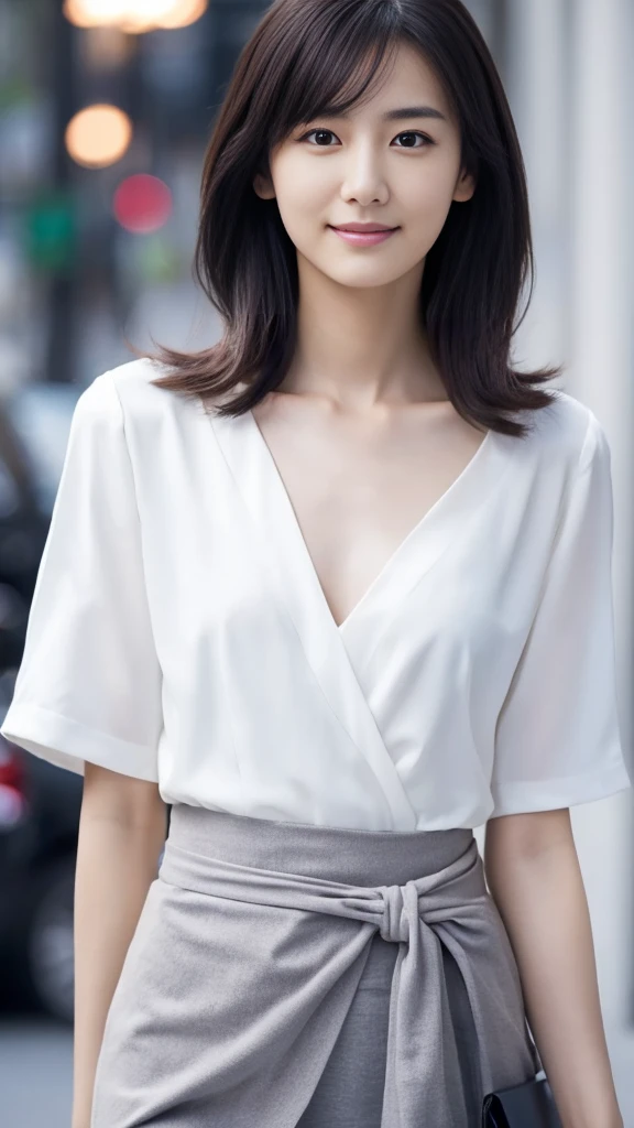 1 female,18-year-old,(numerical portrait:Mayu Yokota, Yuko Araki),black eye,beautiful face,(thin skeletal surface+delicate features、),Very detailed face,(delicate Japanese makeup), black eyelash curls for long hair,(messy and layered, by bangs), smile,Please look into the camera,fair and smooth skin,(optimal skin type:1.21),(clavicle:1.2),slim fit suits for women,V neck white short shirt,(deep v neck,big breasts),short hip wrap skirt,(realistic close-up photo of woman),thin waist、long legs,(slim body shape),street,((Hasselblad Photos)),surreal pictures, Physically based rendering,professional lighting,exquisite details,detailed face,the picture is pure,perfect hands,perfect posture,ultra fine makeup,ultra-fine clothing material、live action、smile and stand up straight