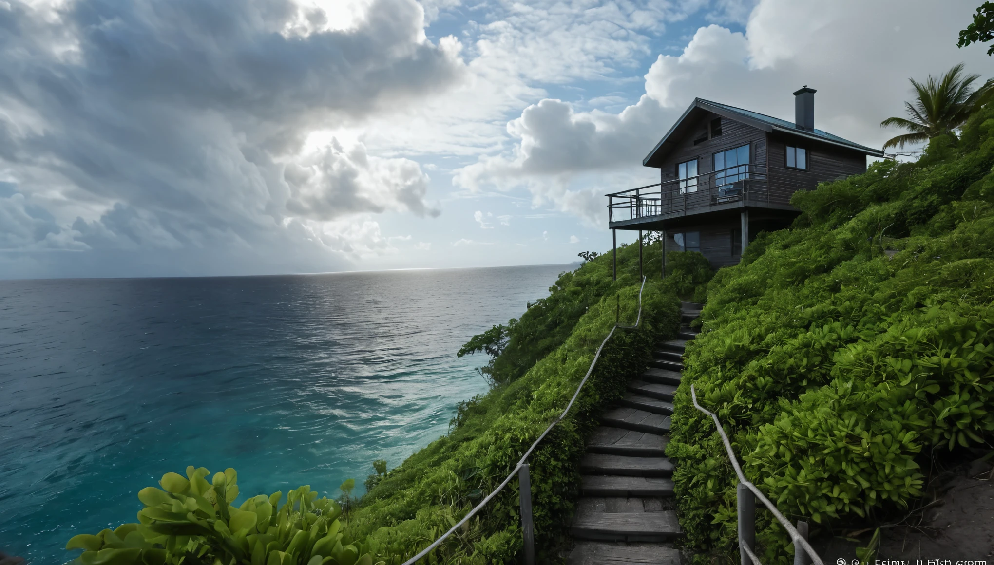 Create an image of a simple romantic cabin perched precariously at the end of a tiny tropical island in the middle of the vast ocean. The island is lush with tropical vegetation. The scene should be cinematic, resembling a film still shot on a V-Raptor XL, with a film grain texture, vignette effect, and color grading to enhance the dramatic atmosphere. Stairs leading down from the cabin to the beach. The lighting should be cinematic, with a 35mm film quality and a live-action feel, meticulously post-processed to create an epic and stunning visual masterpiece. The mood should be a blend of exciting beautiful tranquility and amazing intensity, making the viewer feel a sense of awe and amazement. The sky should be clear with a few cumulus clouds, adding to the atmospheric tone of the image. View from the ocean.
The image should evoke a sense of wonder and mystery, captivating art critics and evoking new emotions in those who view it. Ultra photo realistic, vibrant colors, 16 k