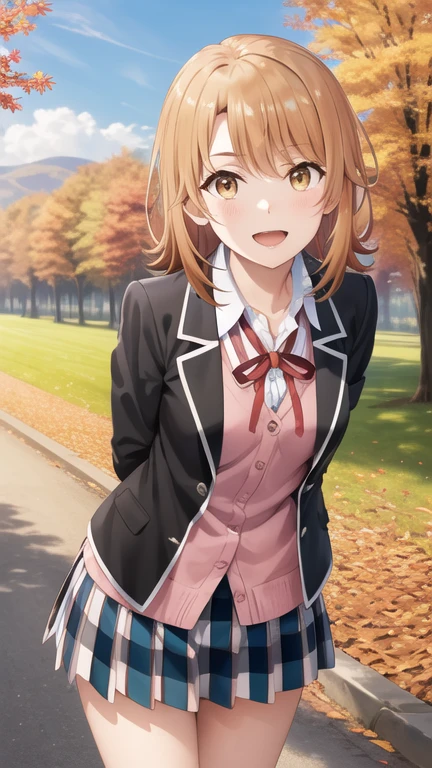 masterpiece, best quality, highres, aairoha, medium hair, , neck ribbon, collared shirt, blazer, black jacket, open jacket, long sleeves, plaid skirt, standing, cowboy shot, leaning forward, arms behind back, smile, open mouth, outdoors, autumn,