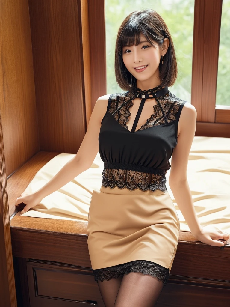 (Big Breasts:1.4)、(narrow and constricted waist,:1.4)、Thin and beautiful legs、(Nobody background)、(whole body)、Short Hair、bed、(Tight lace sleeveless see-through blouse with buttons and collar:1.2)、(See-through lace mini skirt:1.4)、(Erect nipples:1.1)、(See-through nipples:1.1)、(Elegant blouse:1.2)、(She spreads her legs to the side, exposing her vagina.:1.2)、(smile:1.1)、(Angle from below:1.1)、Cowboy Shot、(Underboob)