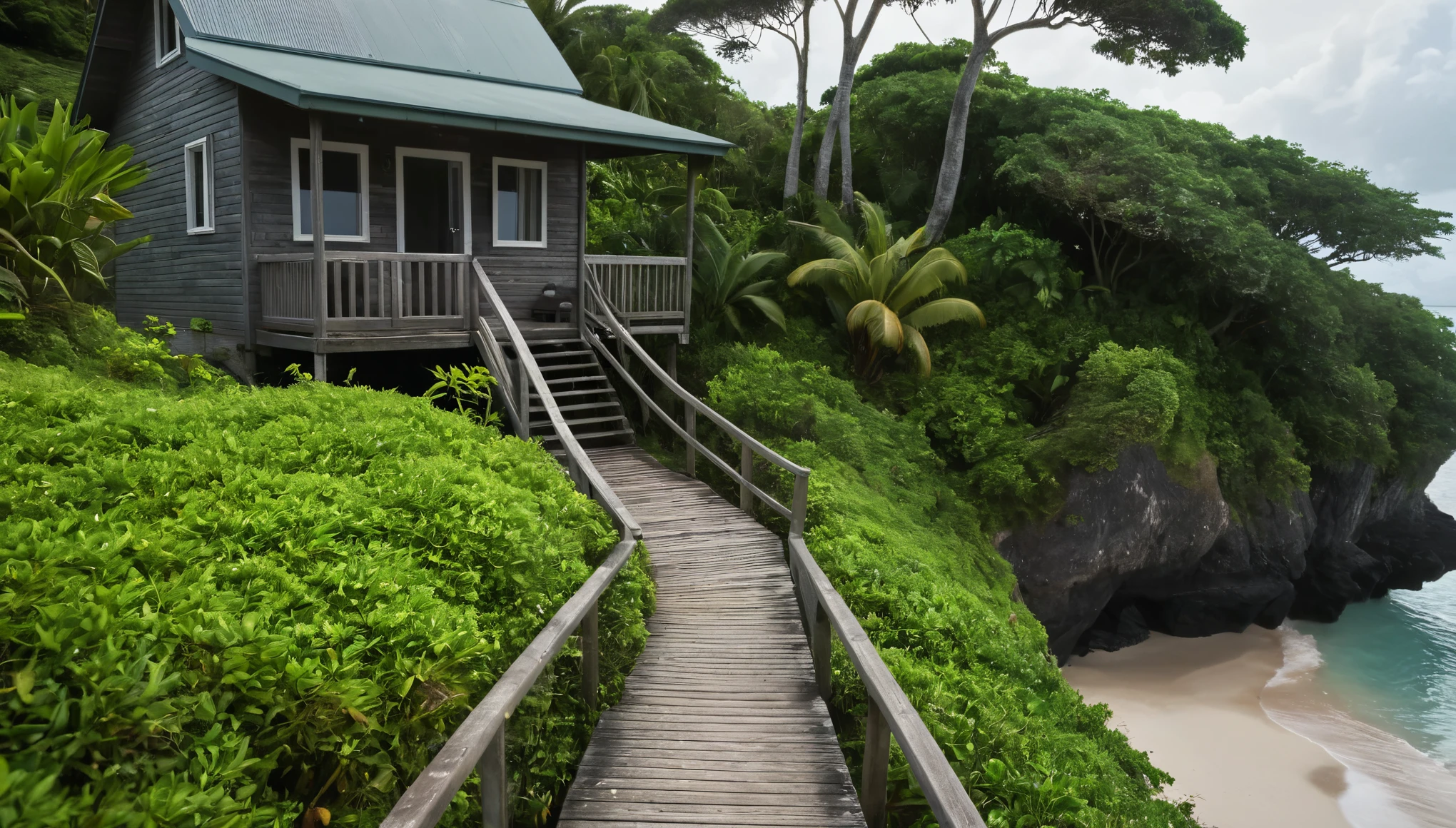 Create an image of a simple romantic cabin perched precariously at the end of a tiny tropical island in the middle of the vast ocean. The island is lush with tropical vegetation. The scene should be cinematic, resembling a film still shot on a V-Raptor XL, with a film grain texture, vignette effect, and color grading to enhance the dramatic atmosphere. Stairs leading down from the cabin to the beach. The lighting should be cinematic, with a 35mm film quality and a live-action feel, meticulously post-processed to create an epic and stunning visual masterpiece. The mood should be a blend of exciting beautiful tranquility and amazing intensity, making the viewer feel a sense of awe and amazement. The sky should be clear with a few cumulus clouds, adding to the atmospheric tone of the image.
The image should evoke a sense of wonder and mystery, captivating art critics and evoking new emotions in those who view it. Ultra photo realistic, vibrant colors, 16 k