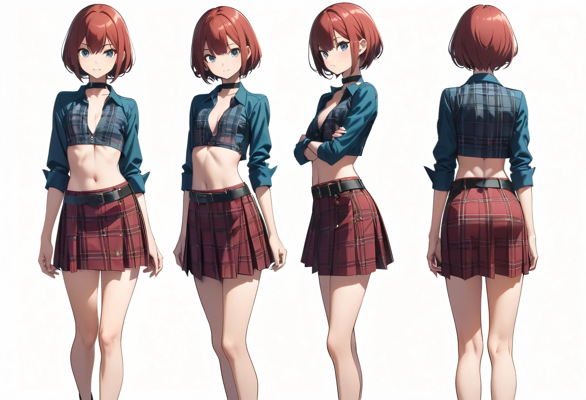 highly cropped shirt, plaid pattern, short red skirt, short red hair, black choker, reference sheet, midriff, small cleavage, , focus on the clothing, (amazing quality), ((best quality)), single buttoned shirt, shirt is fastened just beneath her tight breasts,