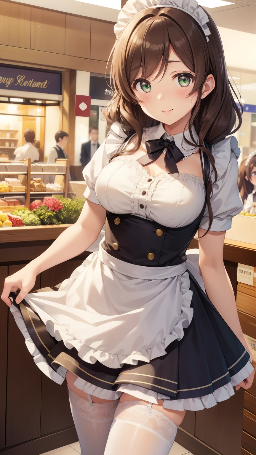 nozomitoujou, nozomi toujou, green eyes, brown hair, curly hair, large breasts, masterpiece, best quality, high resolution, beautiful detailed eyes, extremely detailed face, good lighting, detailed CG, messy hair, glossy lips, maid, short puffy sleeves, small maid apron, thigh highs, light smile, shopping centre, crowd