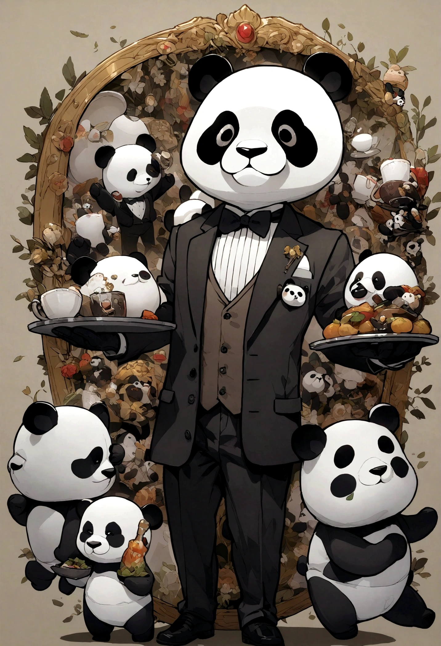 Anthropomorphic Panda, whole body, Formal Wear with Suit Jacket, Holding a tray, Panda stickers, Panda stickers.