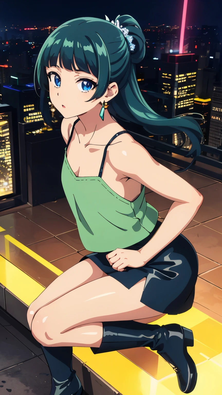 Top quality (8k, high resolution, masterpiece: 1.2), super detailed, anime art style, dynamic angle, teen style, (Black leather camisole, leather mini skirt, black boots, beautiful shoes, city), detailed green hair, detailed blue eyes, intricate hairstyle, long hair , slim body, sparkling eyes, youthful, hair accessories, earrings, half-updo, slightly dull bangs, detailed lighting, bright colors, looking at the viewer, in the center of the image, 