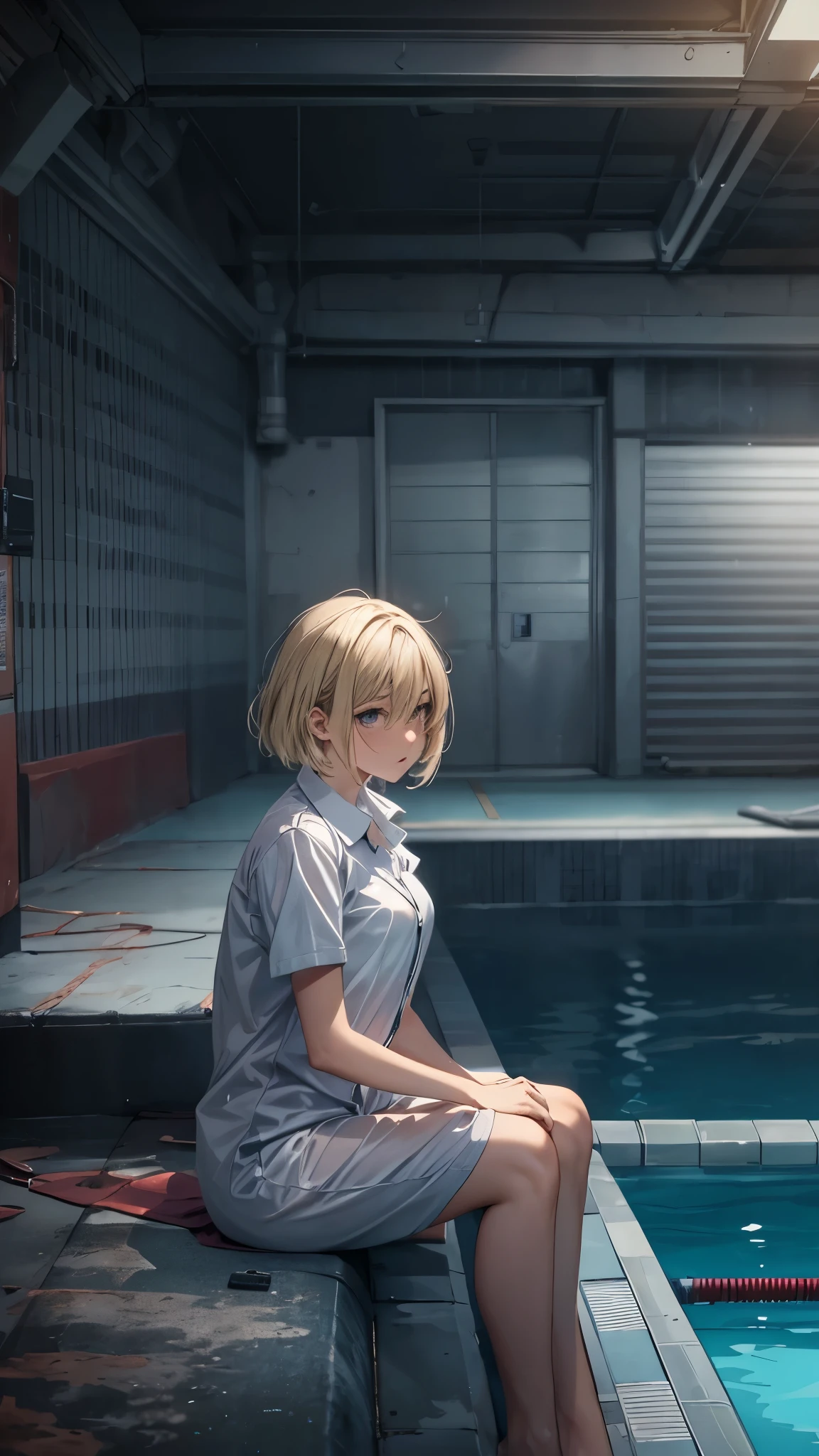 Inside the backroom’s world,Inside the closed pool rooms,outside the dark world,the pools gones forever,space,one 20years old woman,blonde short hair,sitting on the pool side,
