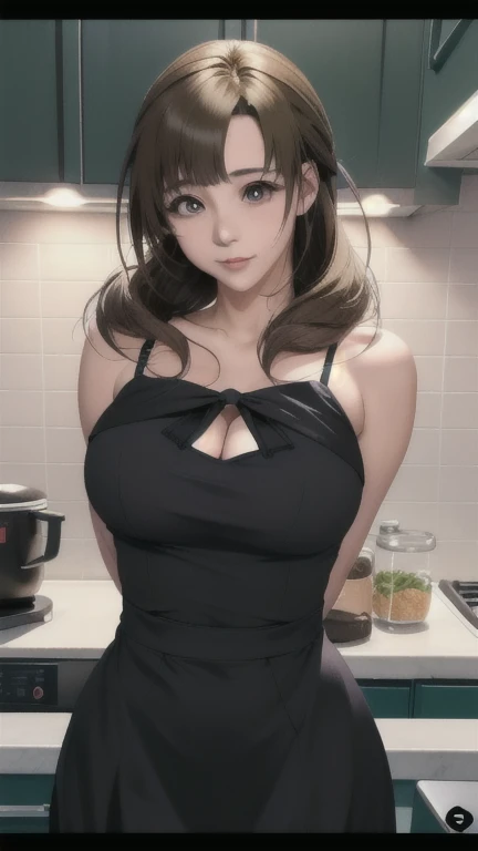 1 Girl, Mako Daiki in Anime Okaasan Online, Very large breasts,(((Full breasts,)))(((Large Breasts))) (((Cleavage))), Standing in the kitchen wearing a black dress,Green eyes,