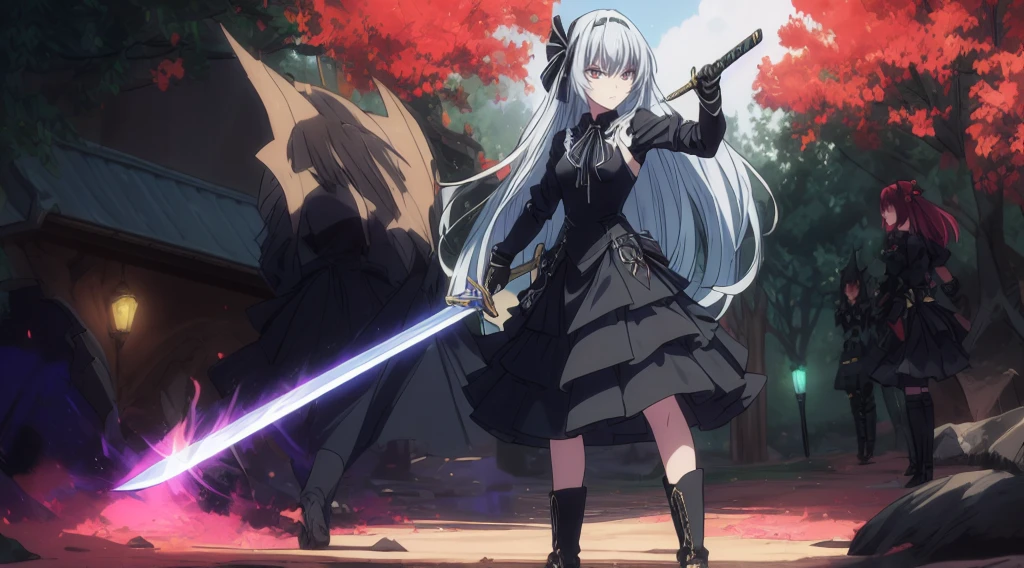 masterpiece:1.2,highest quality,1girl,(Luminous Valentine),battle pose,Depth of written boundary, (figure:1.1), landscape, background,The forest where the fairies live ,beautiful detailed eyes,Black Dress,Black boots,medium breasts,(Heterochromia iridis),(right eye,Red eyes,Red light),(left eye,blue eyes,Blue light),hair ribbon,black ribbon,(Sharp Sword,Red Sword,Pattern with blue rose decoration,Ready your sword),Epic Battle Scene