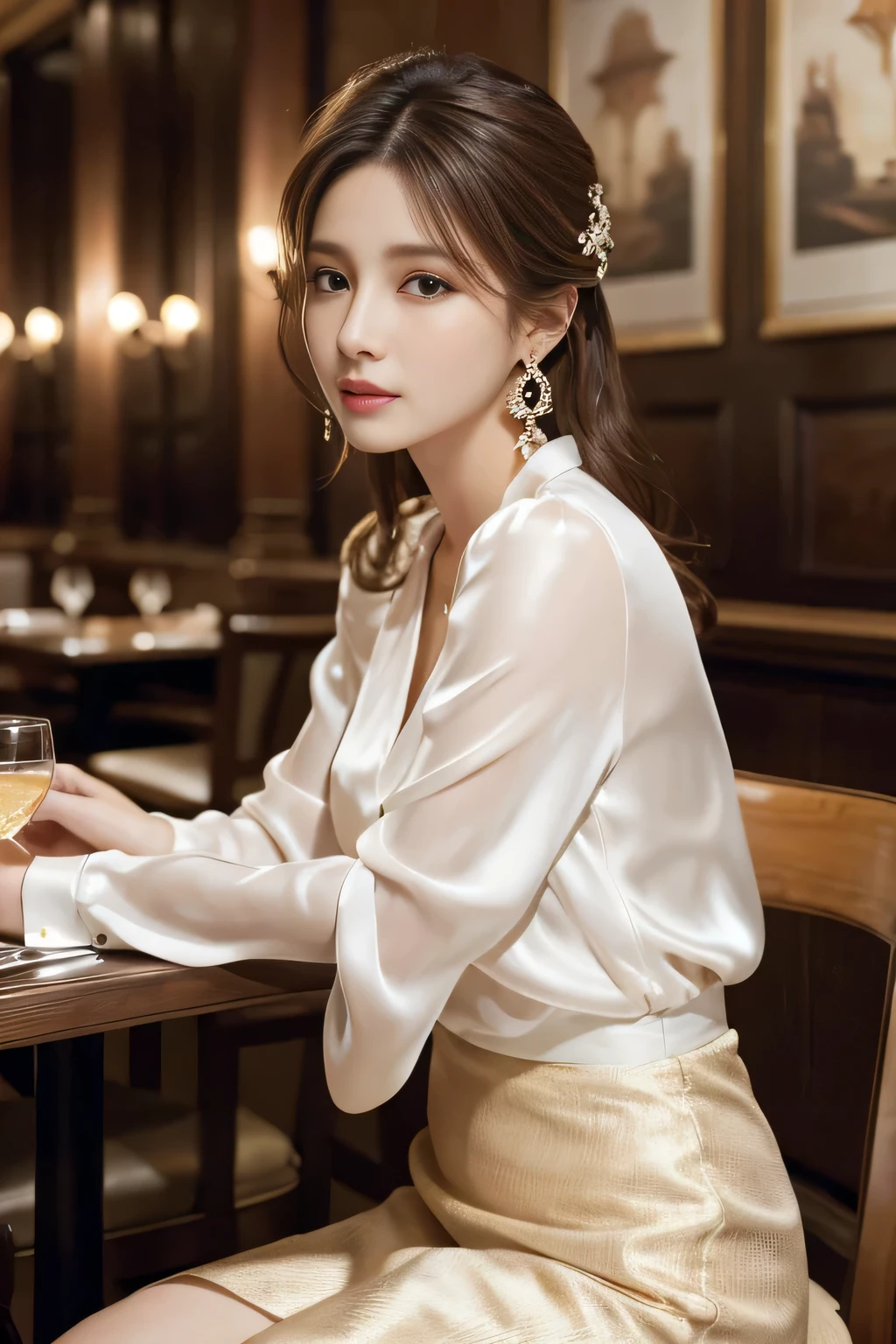 masterpiece, highest quality, Realistic, Very detailed, Finer details, High resolution, 8k wallpaper, One beautiful woman, Wear an elegant white silk see-through blouse, In a great restaurant, At night, Light brown messy hair, Perfect dynamic composition, Beautiful and beautiful eyes、Big earrings、Sitting in a chair、