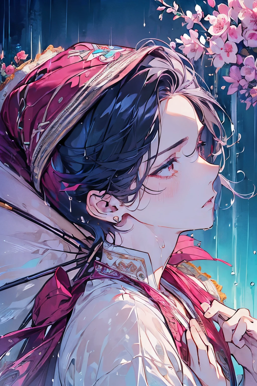 ((male:1.5)),(forhead mark),((White hair)),((rainy:1.2)),(Glossy lips:1.2),(nsfw:1.3),((high quality:1.2)),((perfect graphic:1.2)),((beautiful image:1.2)),((high resolution:1.2)),blush,(marine:1.2),((Wet Hair:1.3)),((perfect hand:1.0)),(kiss me:1.05),Falling into Pleasure,(Arabian costumes:1.25),((barefoot:1.1))
