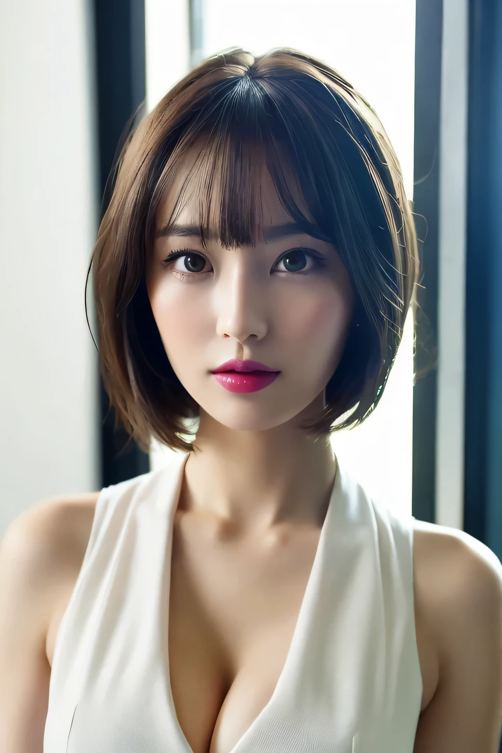 One girl, Highly detailed skin, look, Brown eyes, Big eyes, (Short hair with shoulder-length bangs: 1.2), (Realistic: 1.4), (highest quality: 2.0), (Ultra-high resolution: 1.0), 8k, (masterpiece: 1.5), (Purelos Face_v1:1.5),No bra,No bra,Front wide open,White collar shirt,office suit, pantsuit, pants, naked, a working woman, Exposed cleavage, Big Breasts, Dynamic Lighting, Glowing skin, Pink glowing lipstick, White beautiful skin, (sexual excitement: 1.1),window,office