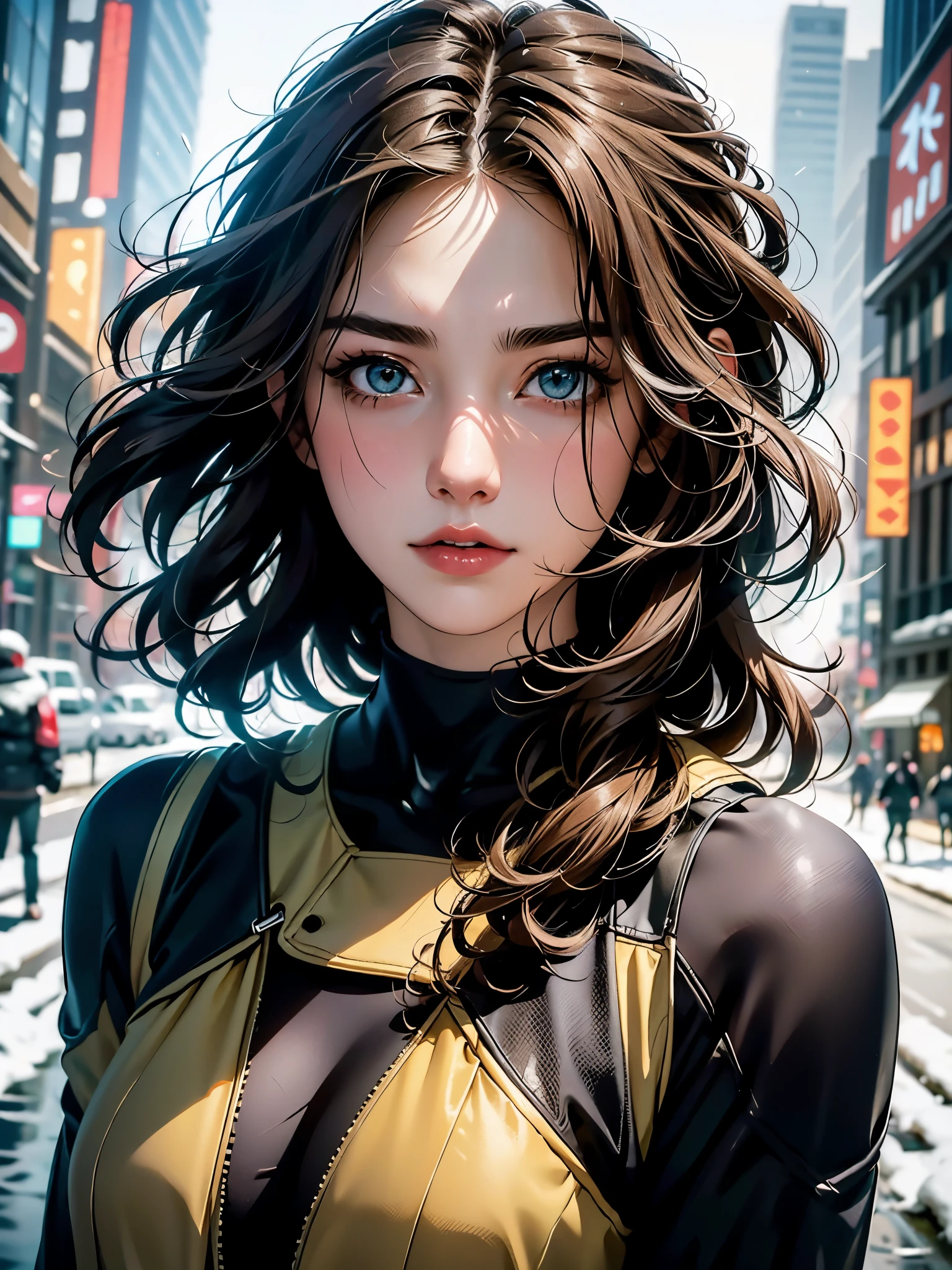 Photo of 25 year old European girl, RAW, beautiful woman, (brown hair with extra long wavy), ((portrait)), (Detailed face: 1.2)), (Detailed facial features)), (Fine skin), tan skin, high detail, body suit, slim body, megacity environment, (cold color), wet reflection, (masterpiece) ( Perfect proportions) (realistic photos) (highest quality) (detail) shot with Canon EOS R5, 50mm lens, f/2.8, HDR, (8k) (wallpaper) (movie lighting) (dramatic lighting) (sharp focus) (complex) fashion