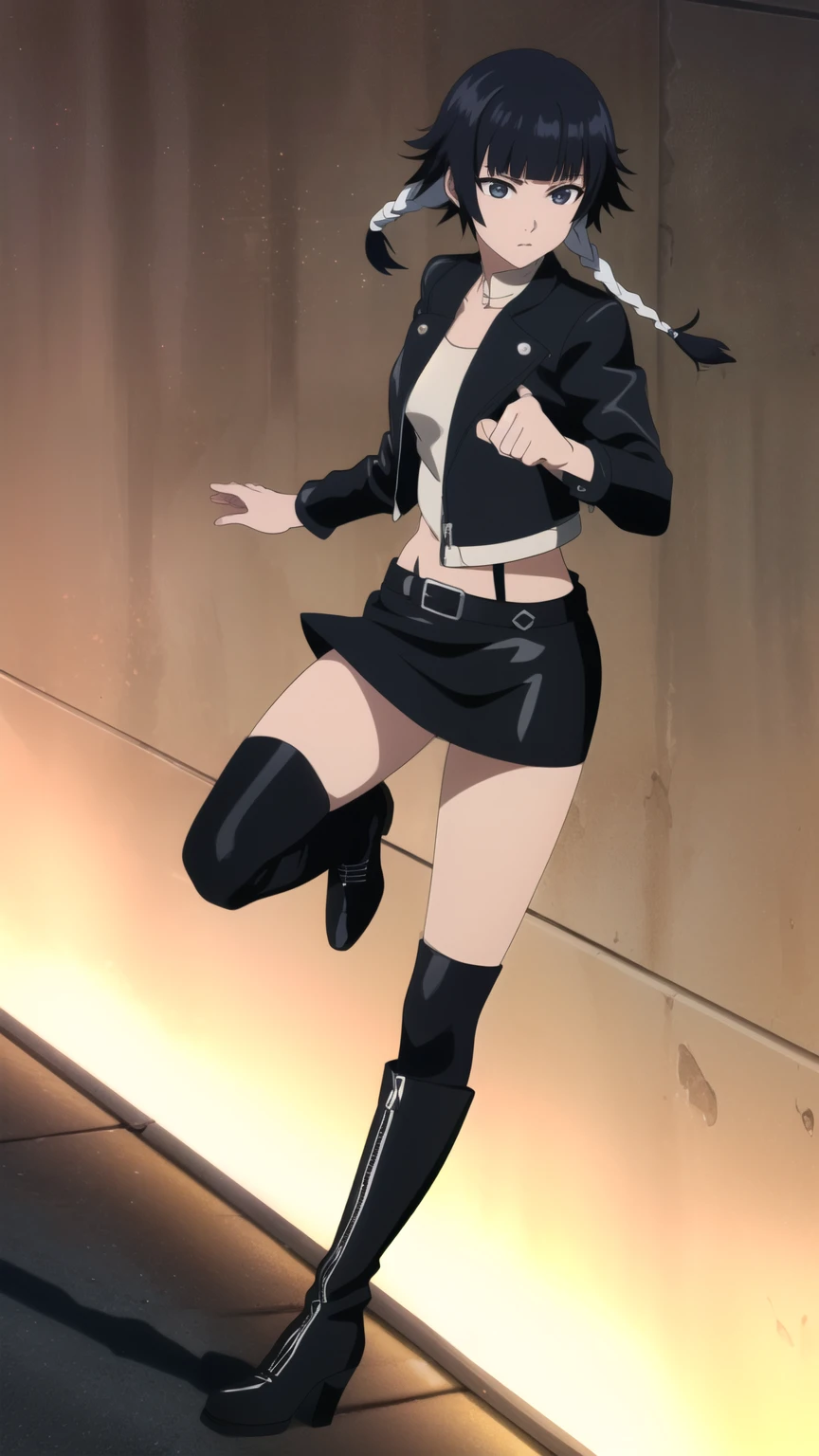 soifon, soifon, short hair, bangs, black hair, short hair with long locks, (black eyes:1.2), small breasts,(slender:1.2),Glare, (Leather jacket, leather mini skirt, black boots, beautiful shoes:1.2), 
dynamic pose, dynamic angles, looking at viewer,
 (masterpiece best quality, 8k:1.2),(anime), high resolution, unity 8k wallpaper, (beautiful detailed eyes:1.2), extremely detailed face, perfect lighting, extremely detailed CG, (perfect hands, perfect anatomy),