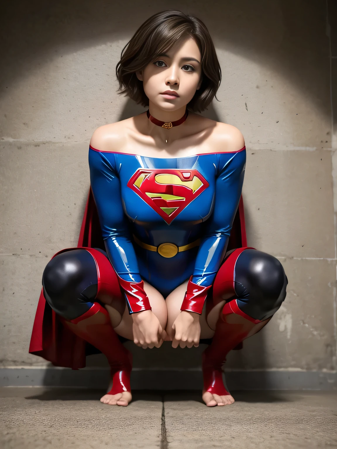 masterpiece、Supergirl Costume、short hair、barefoot、Big and ample breasts、Crisis situation、Complete surrender、Inside the prison、torture chamber、Abused、Humiliating torture、Squatting Pose、shiny sweaty skin、looking at the camera、choker、Long sleeve、Sexy poses to seduce、Off the shoulder、latex、from right in front、Crotch tearing、athlete、High leg、Wall-don posture、