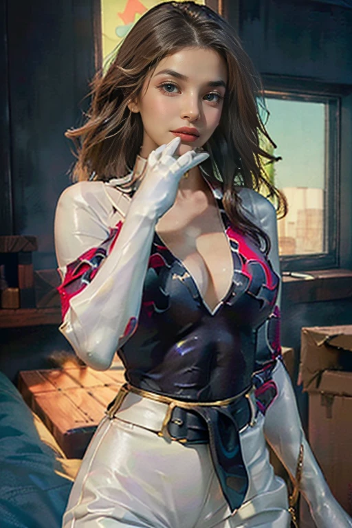 ( Masterpiece, 4k resolution, ultra-realistic, very detailed) ((realistic) (cinematic) (A beautiful female Turkish superhero  , (green eyes) and (long dark brown wavy hair), she wears a (red sleeveless outfit with a star symbol on her chest)   (, with gold bracelets and a gold belt) (midriff) (White pants) (long red knee boots)  8K UHD 