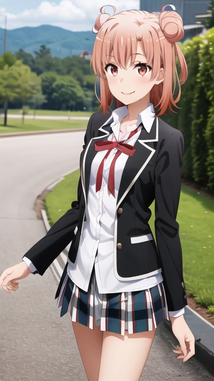masterpiece, best quality, highres, aayui, short hair, single hair bun, red eyes, breasts, collarbone, neck ribbon, white shirt, dress shirt, blazer, black jacket, open jacket, long sleeves, plaid skirt, standing, cowboy shot, outdoors, smile