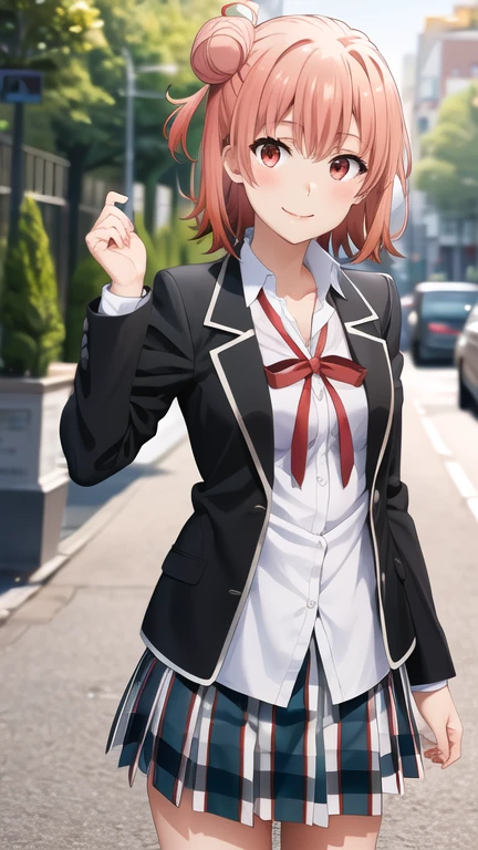 masterpiece, best quality, highres, aayui, short hair, single hair bun, red eyes, breasts, collarbone, neck ribbon, white shirt, dress shirt, blazer, black jacket, open jacket, long sleeves, plaid skirt, standing, cowboy shot, outdoors, smile