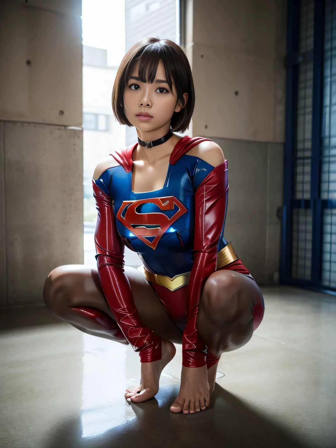 masterpiece、supergirl costume、short hair、barefoot、big and full breasts、prison、in a cage、imprisonment、prisoner、straddle、handcuffs、shiny、looking at camera、Seduce、choker、long sleeve、red sexy pose、POW camps