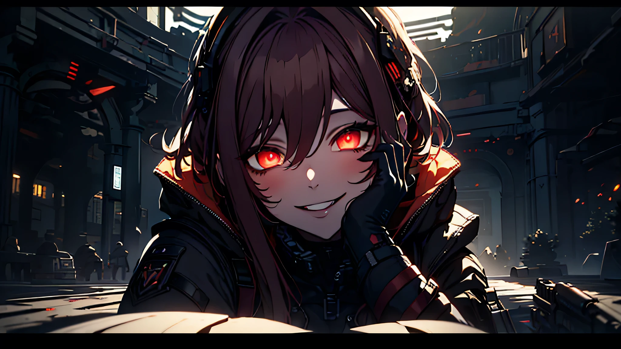 ((Best quality)), ((masterpiece)), (detailed:1.4), 3D, an image of a beautiful cyberpunk female, Yandere , Yandere Face , Trance , Trance Eyes , yameroyandere , constricted pupils , yandere ,
empty eyes . shaded face , crazy eyes , glowing red eyes , crazy smile , dark, long burning red hair, long hair , burning hair, light brown eyes, red Barret, Black Soldier Shirt, Black under cloth, black panty, Grenade belt, Big chest, Big thigh, High thigh black knee sock, full view of girl, battlefield background, black combat boot, red necktie, black glove, black combat suit, black jacket, black cloak, black panty, ammo belt, HDR (High Dynamic Range),Ray Tracing,NVIDIA RTX,Super-Resolution,Unreal 5,Subsurface scattering,PBR Texturing,Post-processing,Anisotropic Filtering,Depth-of-field,Maximum clarity and sharpness,Multi-layered textures,Albedo and Specular maps,Surface shading,Accurate simulation of light-material interaction,Perfect proportions,Octane Render,Two-tone lighting,Wide aperture,Low ISO,White balance,Rule of thirds,8K RAW,