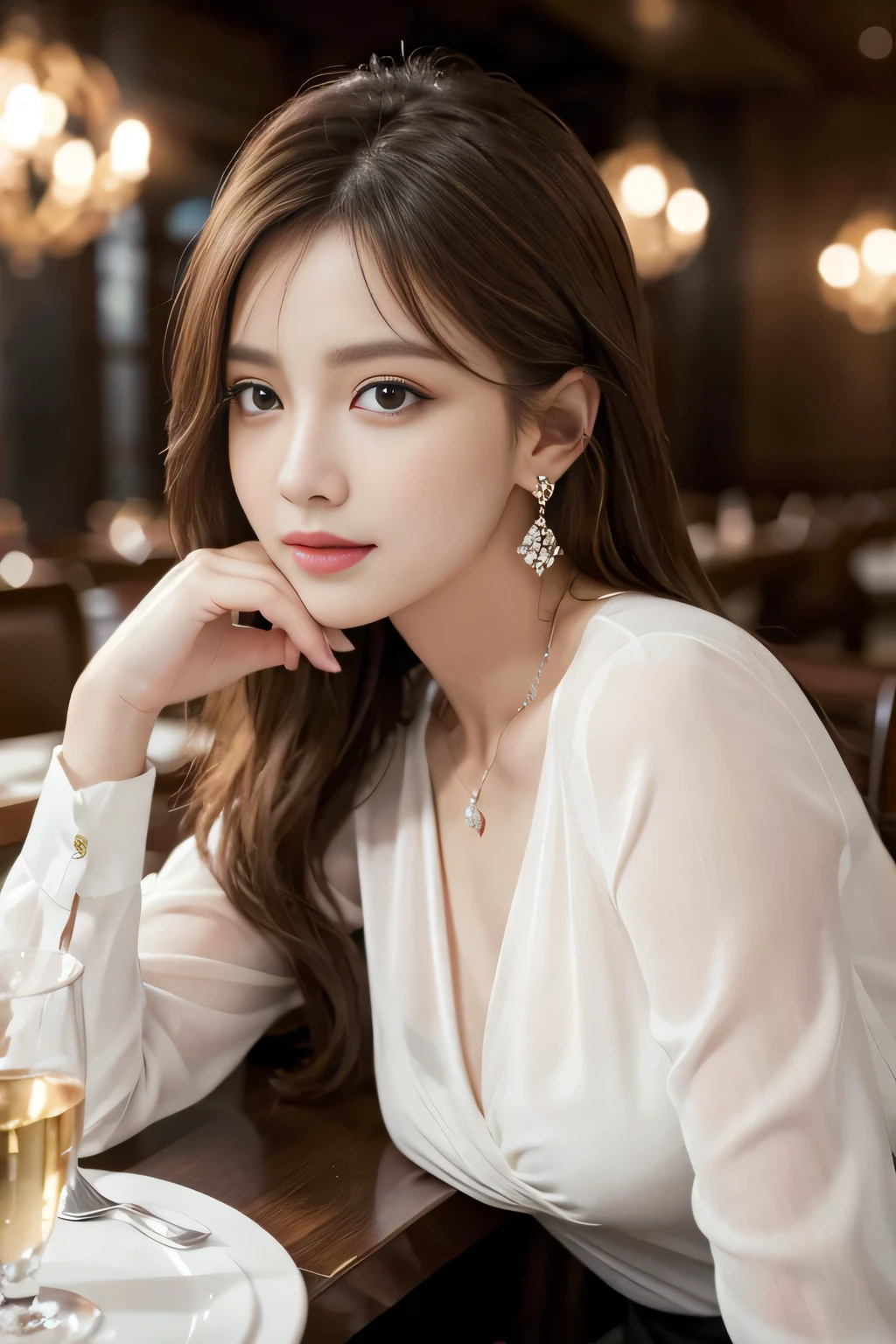 masterpiece, highest quality, Realistic, Very detailed, Finer details, High resolution, 8k wallpaper, One beautiful woman, Wear an elegant white see-through blouse, In a great restaurant, At night, Light brown messy hair, Perfect dynamic composition, Beautiful and beautiful eyes、Big earrings、Sitting in a chair、