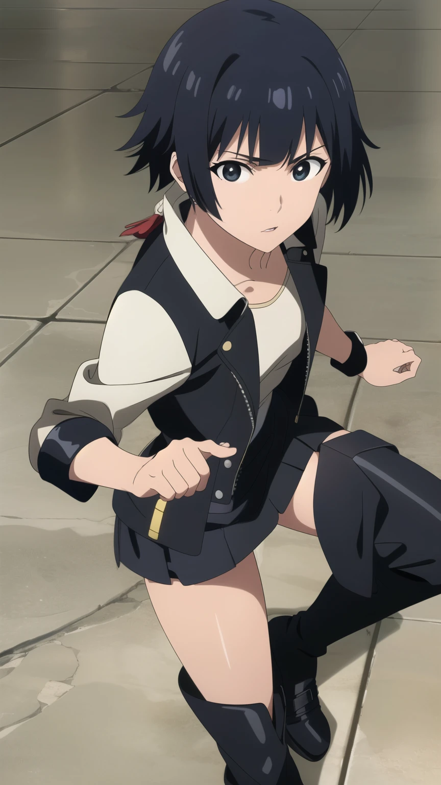 soifon, soifon, short hair, bangs, black hair, short hair with long locks, (black eyes:1.2), small breasts,(slender:1.2),Glare, (Leather jacket, leather mini skirt, black boots, beautiful shoes:1.2),
dynamic pose, dynamic angles, looking at viewer,
(masterpiece best quality, 8k:1.2),(anime), high resolution, unity 8k wallpaper, (beautiful detailed eyes:1.2), extremely detailed face, perfect lighting, extremely detailed CG, (perfect hands, perfect anatomy),