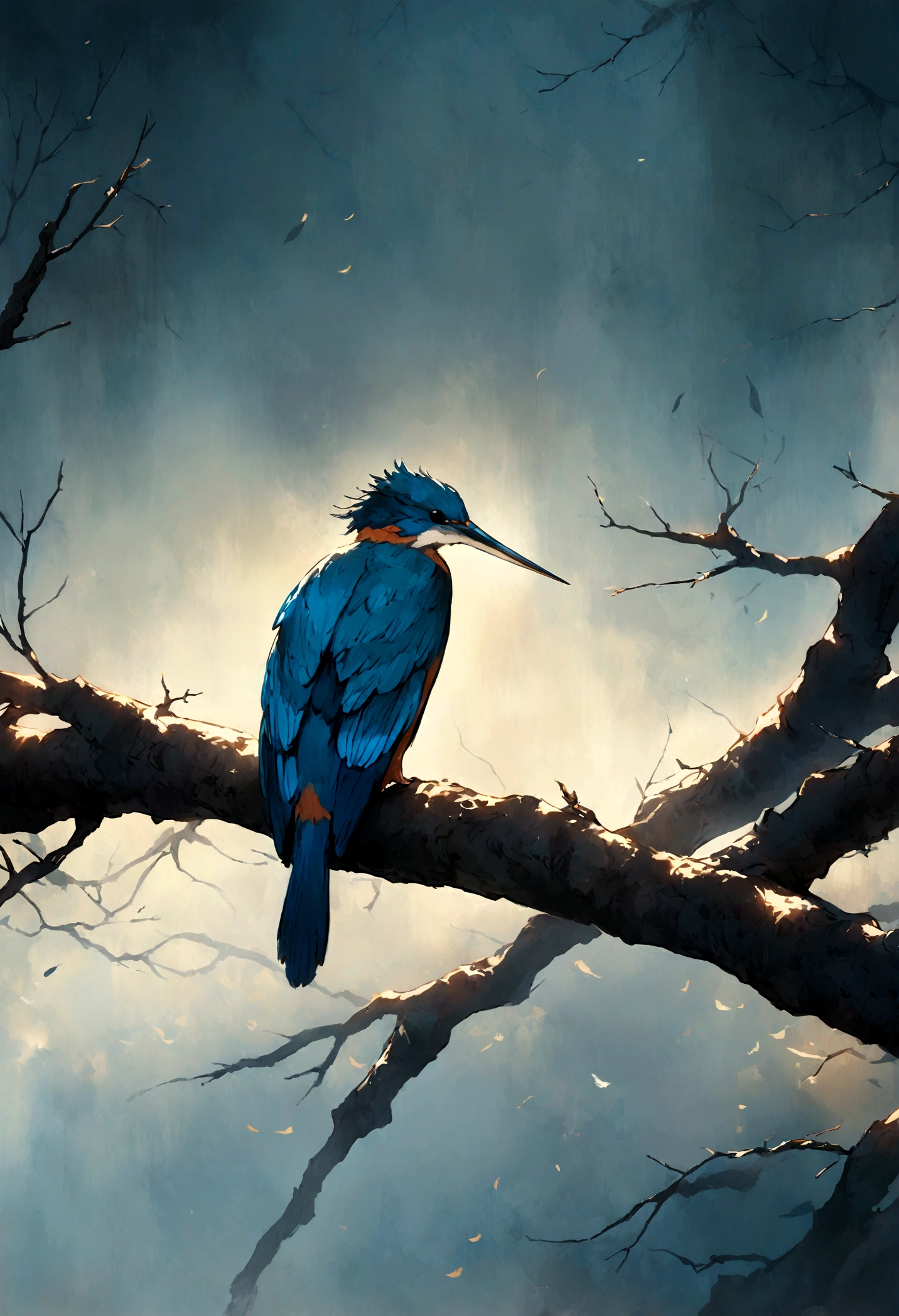 Kingfisher gracefully poised on a branch, Intense morning light slowly rises through the fog, Dramatic sidelights accentuate intricate feathers