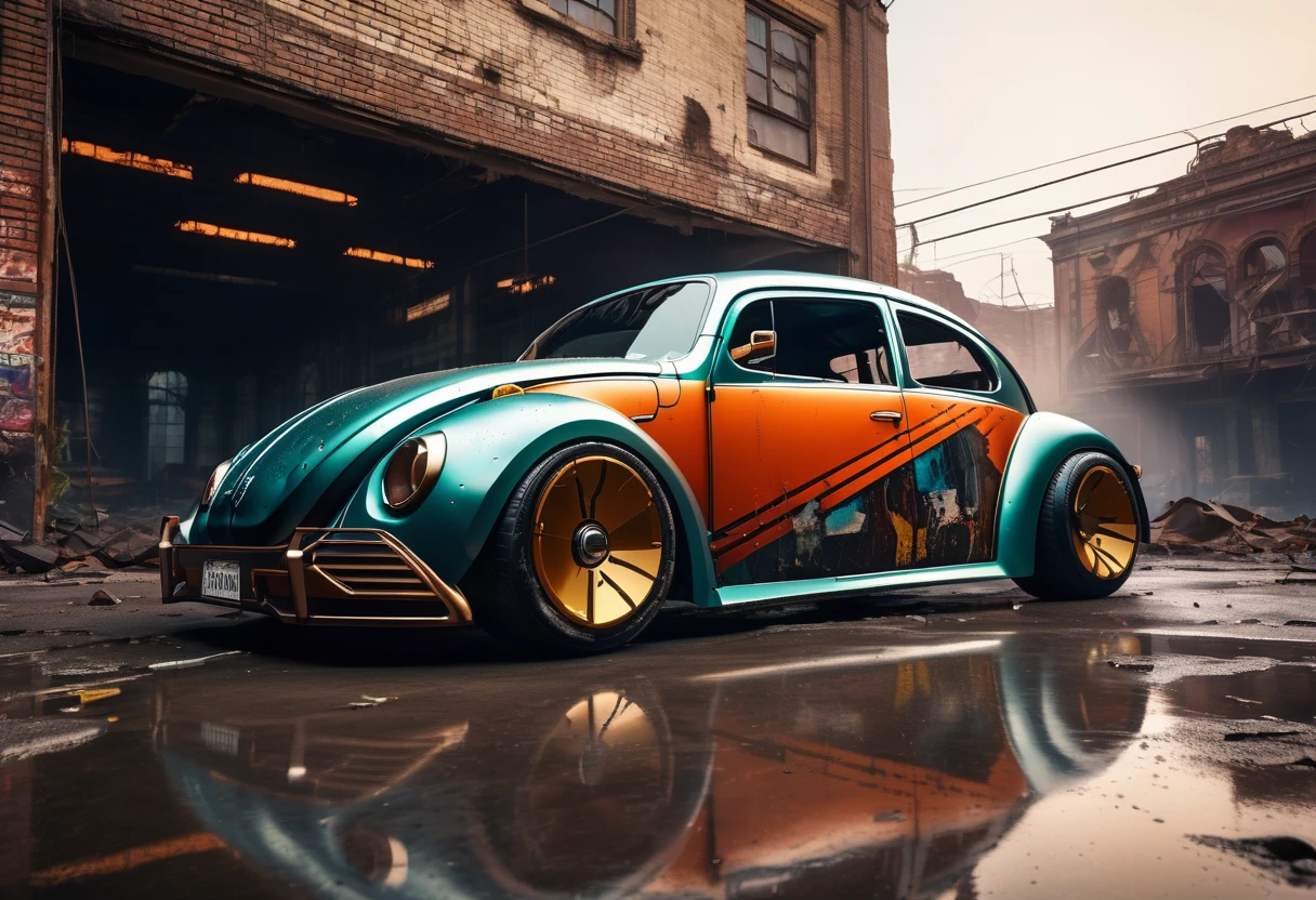 ((best quality,4k,highres,masterpiece:1.2)),race muscle car "new beetle",ruins,sci-fi,futuristic, cinematic lighting, chiaroscuro,ray tracing,highly detailed, high-quality, mirai, color contrast, atmospheric, dystopian, urban, vibrant colors, shattered glass, dramatic shadows, decaying buildings, futuristic technology, dynamic composition, motion blur, urban decay, dynamic perspective, immersive atmosphere, post-apocalyptic, abandoned, reflections, moody, intense, mystery, advanced design, sleek lines, (powerful engine, speed, danger, adrenaline rush)