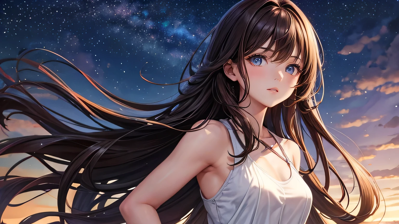 Beautiful woman 1.3, Beautiful brown hair、Straight Long Hair: 1.2, summer: 1.2,night: 1.1, Ultra-high resolution, Accurate, Super detailed, Textured skin, High detail, highest quality, 8k,Thin bangs,Upper Body,Well-drawn eyes, Focus on the face,White cross strap tank top dress,Detailed hair depiction,Detailed depiction of eyes、Detailed depiction of hair、Upper Body、Starry Sky