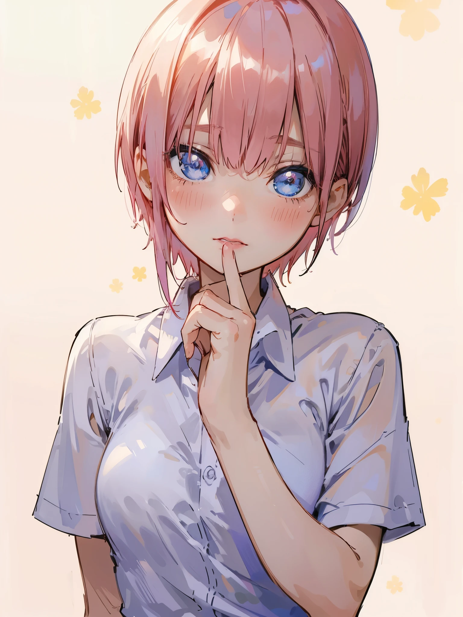 best quality, ultra high res, (photorealistic:1.4), blush, pure pretty teenage girl with short silky pink hair,  aaichika, Nakano ichika from The Quintessential Quintuplets, , cowboy shot, straight hair, dark blue eyes, sparkling eyes,  beautiful girl, short silky pink hair, watercolor illustration, beautiful, masterpiece, best quality, ichika nakano, short pink hair, blue eyes, collared white shirt