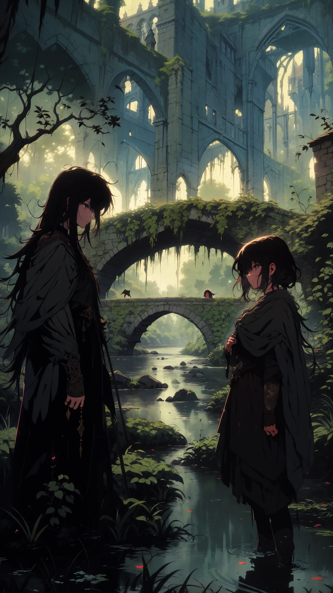 A couple of teenagers exploring a mysterious abandoned stone bridge covered in ivy, with a small stream flowing beneath. English countryside, overcast, eerie, sense of adventure, gothic style, fantasy world, dark background, clean design, epic, artstation, colorful paint splatter, silhouette, hyper detailed intricate details, unreal engine, fantasy, splash screen, complementary colors, deviantart masterpiece, oil painting, heavy strokes, paint dripping, indifferent expression