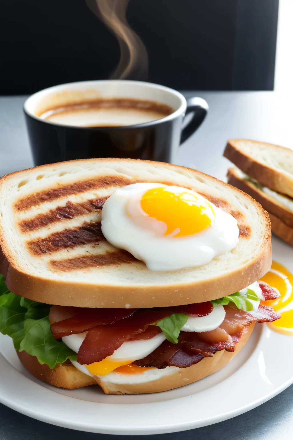Generate Image：This is a picture showing a single breakfast for one person。The picture shows a white cup with hot coffee，Black stripes on the cup。There is a sandwich on the black plate next to it.，A sandwich consisting of two slices of toast with a fried egg between them、Bacon and lettuce。The overall look is simple and delicious