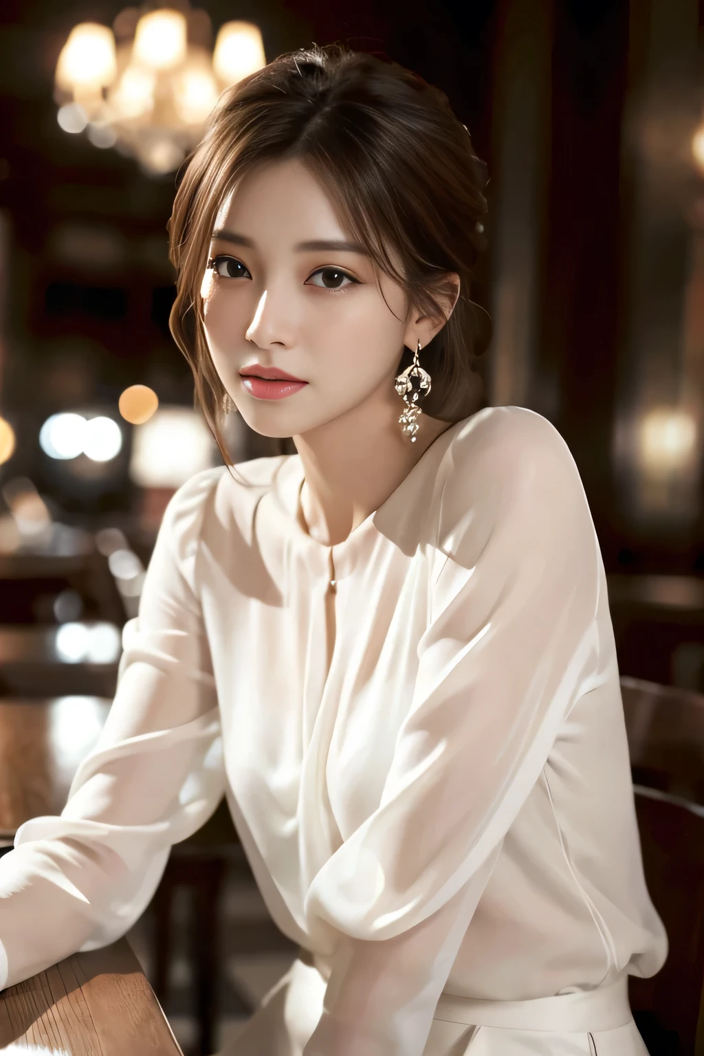 masterpiece, highest quality, Realistic, Very detailed, Finer details, High resolution, 8k wallpaper, One beautiful woman, Wear an elegant white see-through blouse, In a great restaurant, At night, Light brown messy hair, Perfect dynamic composition, Beautiful and beautiful eyes、Big earrings、Sitting in a chair、