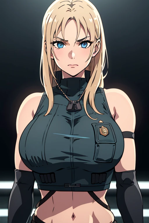 8k, best quality, real picture, intricate details, ultra-detailed, ultra highres, depth field, ,masterpiece  sonyablade, european woman, wearing a jacket, huge breasts,crop top, blue eyes, blonde hair, blue eyes, sleeveless, solo, sun, blue sky, best quality, (intricate details:1.2), (delicate detailed), (cinematic light), clear line, sharp focus, detailed face unity 8k wallpaper, ultra high res, looking at viewer