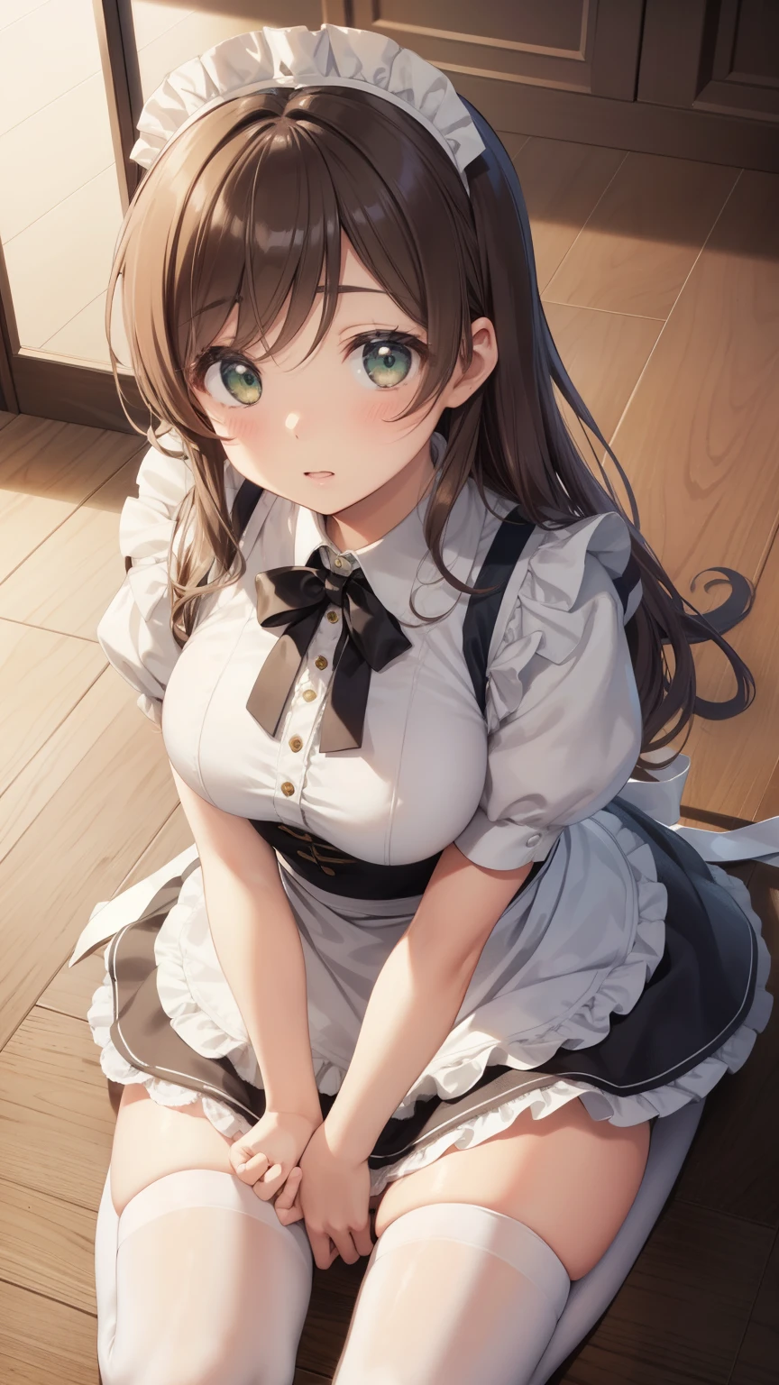 nozomitoujou, nozomi toujou, green eyes, brown hair, curly hair, large breasts, masterpiece, best quality, high resolution, beautiful detailed eyes, extremely detailed face, good lighting, detailed CG, messy hair, glossy lips, maid, short puffy sleeves, small maid apron, thigh highs, worried, wooden floor, (girl fallen on the floor, sprawling, looking up at viewer)