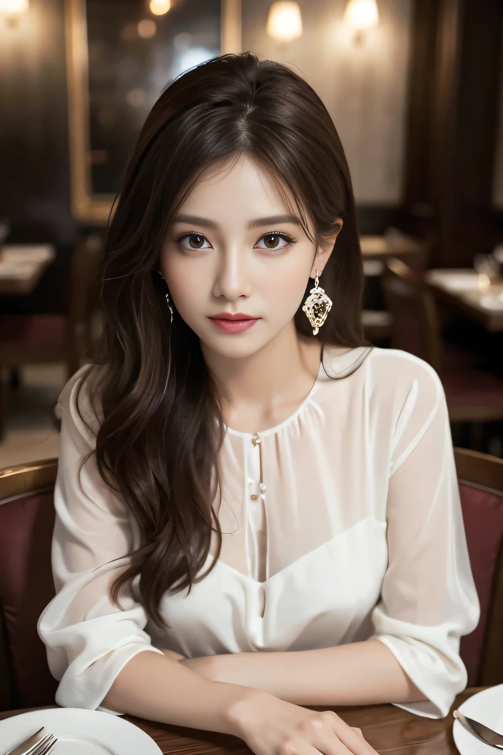 masterpiece, highest quality, Realistic, Very detailed, Finer details, High resolution, 8k wallpaper, One beautiful woman, Wear an elegant white see-through blouse, In a great restaurant, At night, Light brown messy hair, Perfect dynamic composition, Beautiful and beautiful eyes、Big earrings、Sitting in a chair、