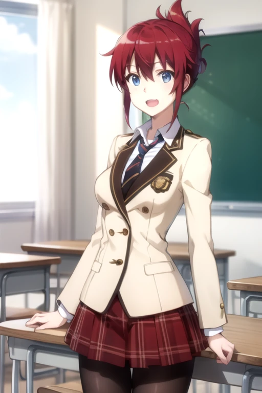 best quality, masterpiece, highly detailed,
sakurai aoi rw,
open mouth, light smile,
blue eyes, red hair, short hair, folded ponytail,
, blazer, necktie, red skirt, pantyhose,
standing, looking at the viewer,
classroom