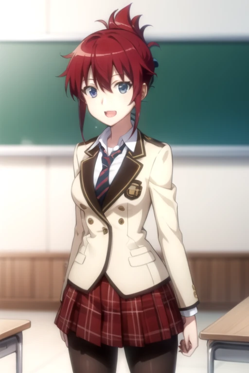 best quality, masterpiece, highly detailed,
sakurai aoi rw,
open mouth, light smile,
blue eyes, red hair, short hair, folded ponytail,
, blazer, necktie, red skirt, pantyhose,
standing, looking at the viewer,
classroom