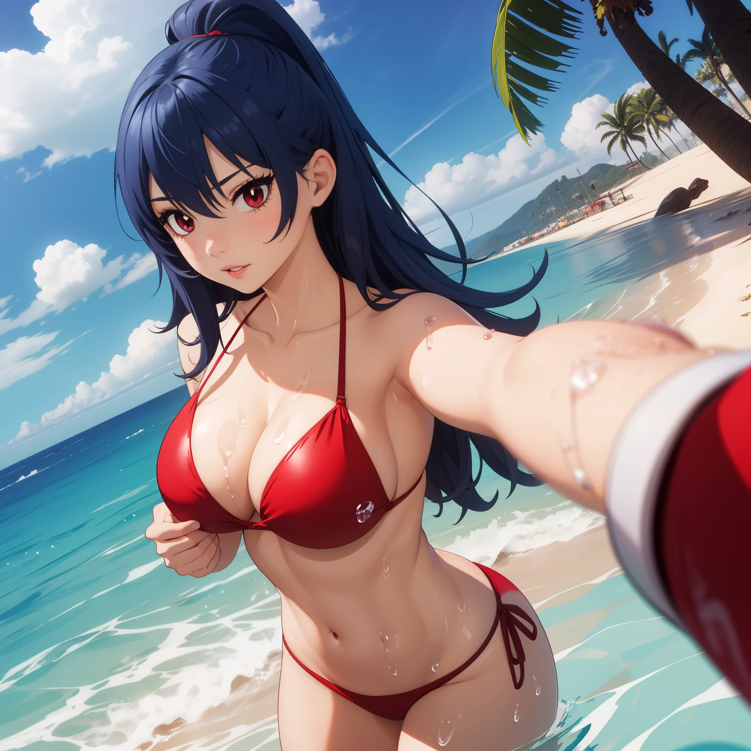 25 year old woman blue hair, pelo azul, red eyes like rubies,  grandes, bikini rojo, fondo una playa . cuerpo mojado, gotas de agua en su pecho. pechosrandes, pechos enormlfi, selfi.